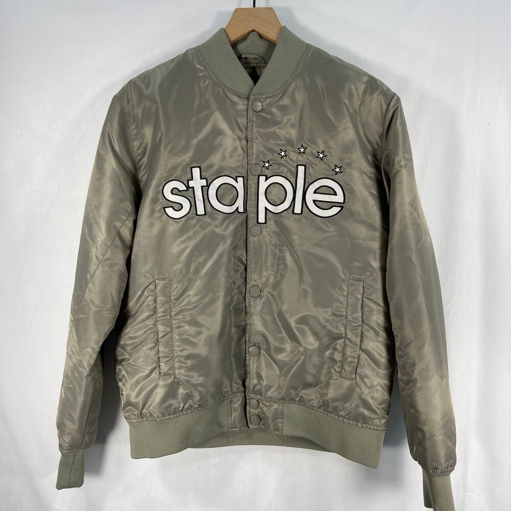 Staple Pigeon Satin Bomber Jacket Snap Buttons Logo‎ Gray Mens Medium